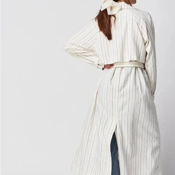 New free people Melia Mac Coat long sleeve boho linen blend plaid ecru striped - Picture 4 of 11